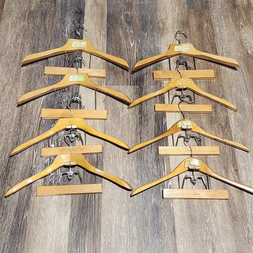 Lot 8 Vtg Wooden Hangers Suit Coat Pants Slacks Trouser Locking Clasp Sears